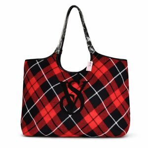 Victoria's Secret Red Black Argyle Plaid Oversized Snap Tab Closure Tote Bag